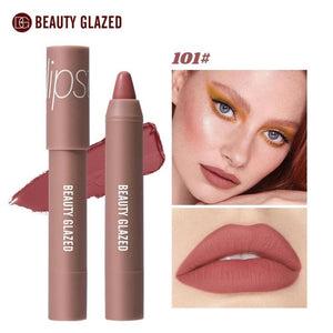 Beauty Glazed Velvet Soft Mist Lipstick in various shades, showing smooth, creamy lipstick swatches on a neutral background.