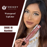 Trendly Beauties 24/7 matte waterproof lipliner in various shades, featuring a close-up of the pencil tip and colorful packaging.