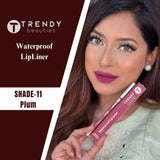 Trendy Beauties 24/7 Matt Waterproof Lipliner in various shades, shown in a close-up of the pencil with sharp tip and color swatches.