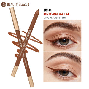 Beauty Glazed Brown Kajal eyeliner with pink flash detail, showcasing a smooth, simple makeup product for eye enhancement.
