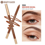 Beauty Glazed Brown Kajal eyeliner with pink flash detail, showcasing a smooth, simple makeup product for eye enhancement.
