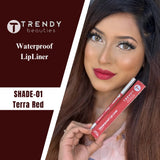 Trendy Beauties 24/7 Matte Waterproof Lipliner in a shade of deep brown, showing the pencil and swatched on skin.