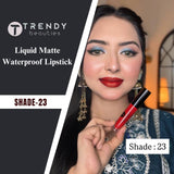 Trendy Beauties Waterproof Liquid Matte Lipstick in shade 23, showcasing smooth, vibrant lipstick applied to lips.