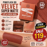 Beauty Glazed Velvet Matte Lip & Cheek Mud in various shades, showing a close-up of the creamy, smooth application on lips and cheeks.