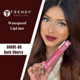 Trendy Beauties 24/7 Matt Waterproof Lipliner in various shades, showcasing the sleek pencil with sharp tip and colorful swatches