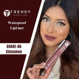 Trendy Beauties 24/7 Matte Waterproof Lipliner in various shades, showing the pencil and swatches on skin for precise lip definition.