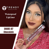 Trendy Beauties 24/7 Matt Waterproof Lipliner in multiple shades, shown with the pencil and swatches on skin.