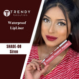 Trendy Beauties 24/7 Matt Waterproof Lipliner in various shades, showing the sleek pencil with a sharp tip and color swatches.