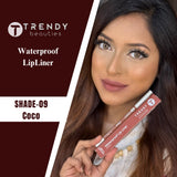 Trendy Beauties 24/7 Matt Waterproof Lipliner in various shades, showing the slim pencil with a sharp tip and color swatches.