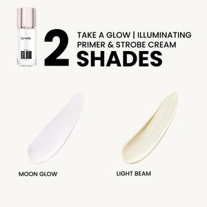 MARS Take a Glow illuminating primer and strobe cream in Moon Glow, showing a sleek tube and cosmetic application.