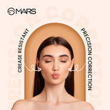 Woman with makeup on a beige background, featuring the MARS brand.