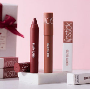 Beauty Glazed Velvet Soft Mist Lipstick in various shades displayed with smooth, velvety texture and sleek packaging.