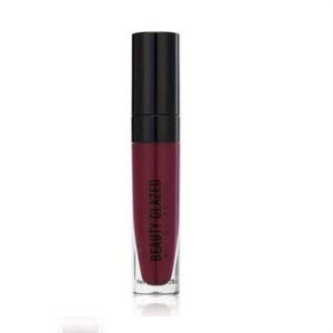 Beauty Glazed matte waterproof liquid lipstick in various shades, shown in a sleek tube with swatches on a model's lips.
