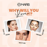 MARS makeup product advertisement with images of a woman's face and text highlighting features.