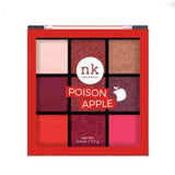 Nicka K Nine Color Eyeshadow Palette with vibrant shades, featuring Poison Apple-themed packaging and a variety of eye makeup colors.