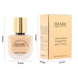 IMAGIC Matte Finish Long Wearing Foundation, featuring a premium glass bottle with a gold lid.