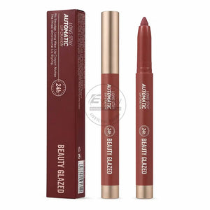 Beauty Glazed Long Stay Automatic Lip Crayon in a sleek black tube, featuring a twist-up design and vibrant lipstick shade.