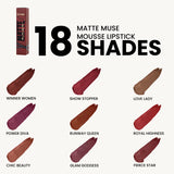 Swatches of MARS Matte Muse Mousse Lipstick Shade 14 Runway Queen showing rich, matte pink color on skin.