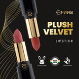 MARS Plush Velvet Lipstick in Shade 23 Choco Brew, featuring a sleek bullet design with a rich chocolate brown color.