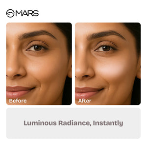 MARS Take A Glow Illuminating Primer and Strobe Cream in Shade 02 Light Beam, showing before and after skin glow effects.