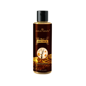 Nature Beauty 10 in 1 Herbal Hair Oil bottle showing a clear 150ml container with herbal ingredients on the label.