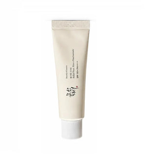 Beauty of Joseon Relief Sun Rice SPF50+ PA++++ 50ml sunscreen with niacinamide, featuring a simple, elegant design and white packaging.