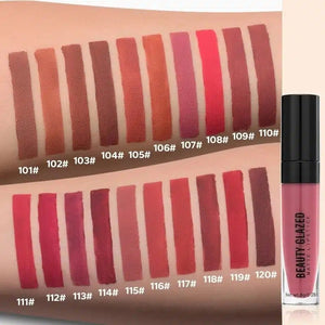 Beauty Glazed matte waterproof liquid lipstick in a sleek tube, with swatched shades showcasing long-lasting, vibrant color.