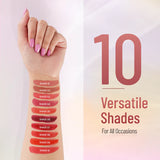 10 diverse swatches of Shade 01 palette featuring dusty roses, soft mauves, and warm nudes.