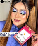 Model wearing TRENDY Beauties 004 lashes showing a soft, flared, and voluminous eye look.